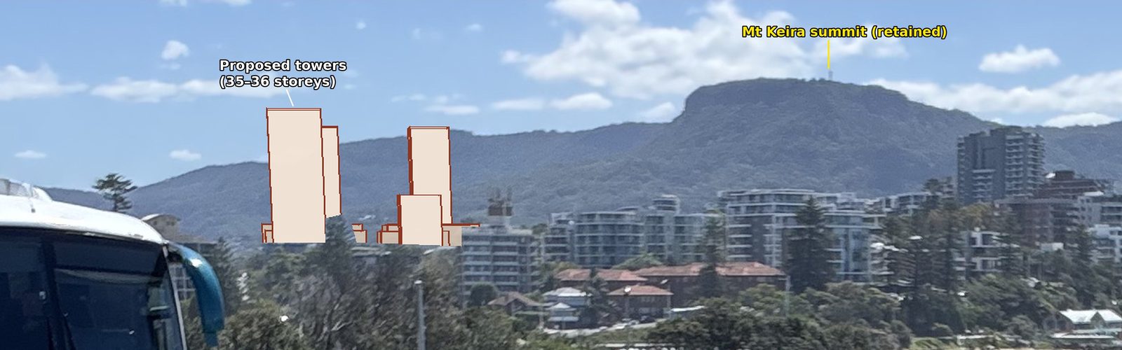 Same view with the proposed former Bunnings site towers of 35 to 36 storeys added, rising into the escarpment backdrop