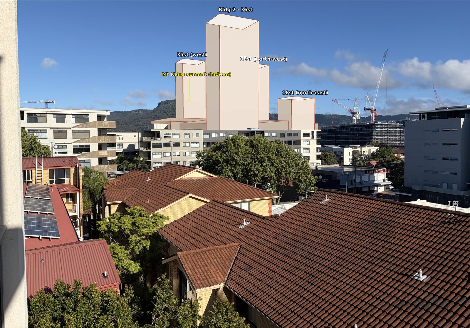 Same view with former Bunnings site towers of 35, 36 and 18 storeys covering Mt Keira